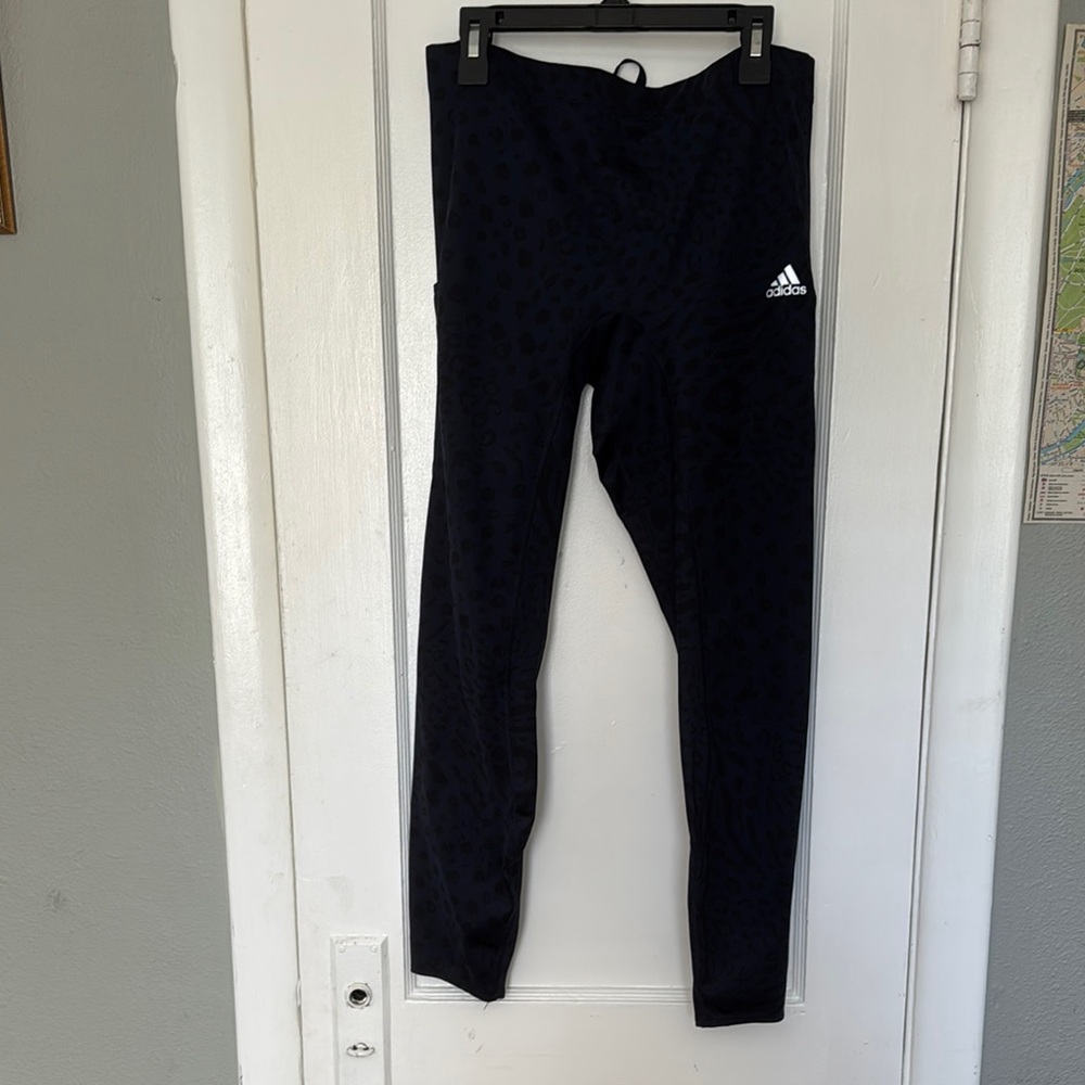 Adidas Navy Leopard Print Leggings Athletic Stretchy Full-Length Running size M